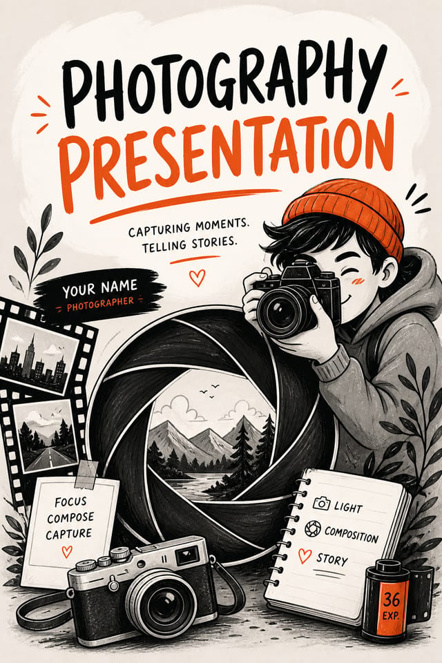 Photography Presentation — illustration style presentation cover slide, featuring camera, aperture iris, shutter, monochrome with one accent color