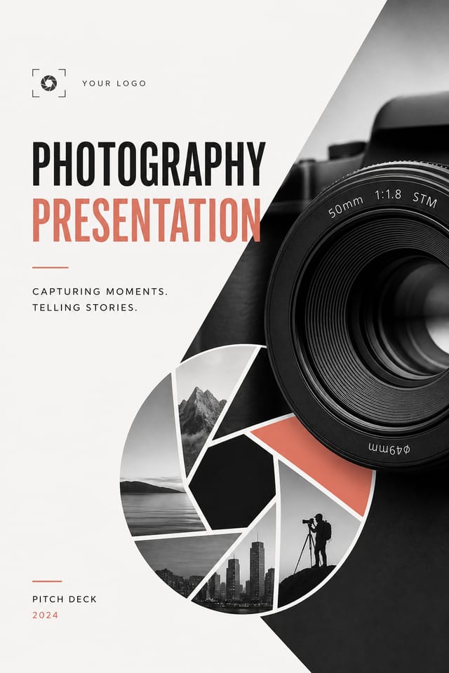 Photography Presentation — modern style presentation cover slide, featuring camera, aperture iris, shutter, monochrome with one accent color