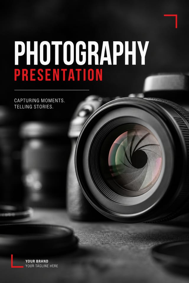 Photography Presentation — photo-realistic style presentation cover slide, featuring camera, aperture iris, shutter, monochrome with one accent color