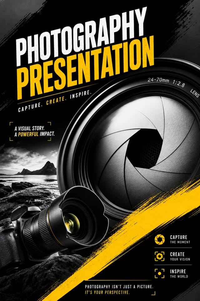 Photography Presentation — vibrant style presentation cover slide, featuring camera, aperture iris, shutter, monochrome with one accent color
