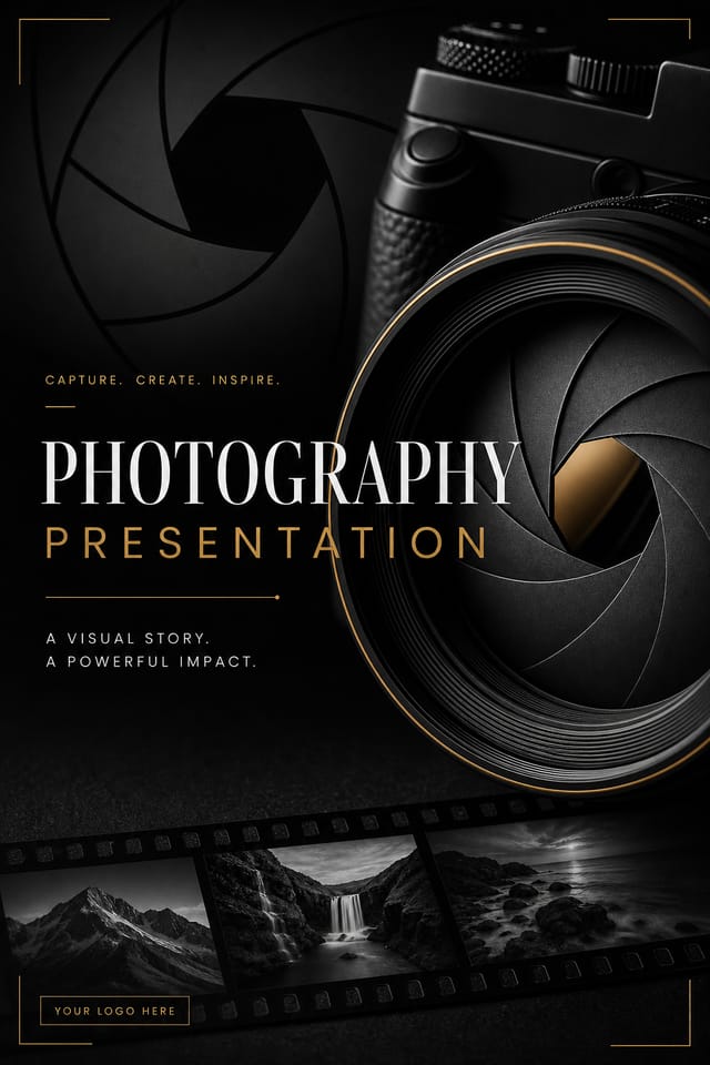 Photography Presentation — elegant style presentation cover slide, featuring camera, aperture iris, shutter, monochrome with one accent color