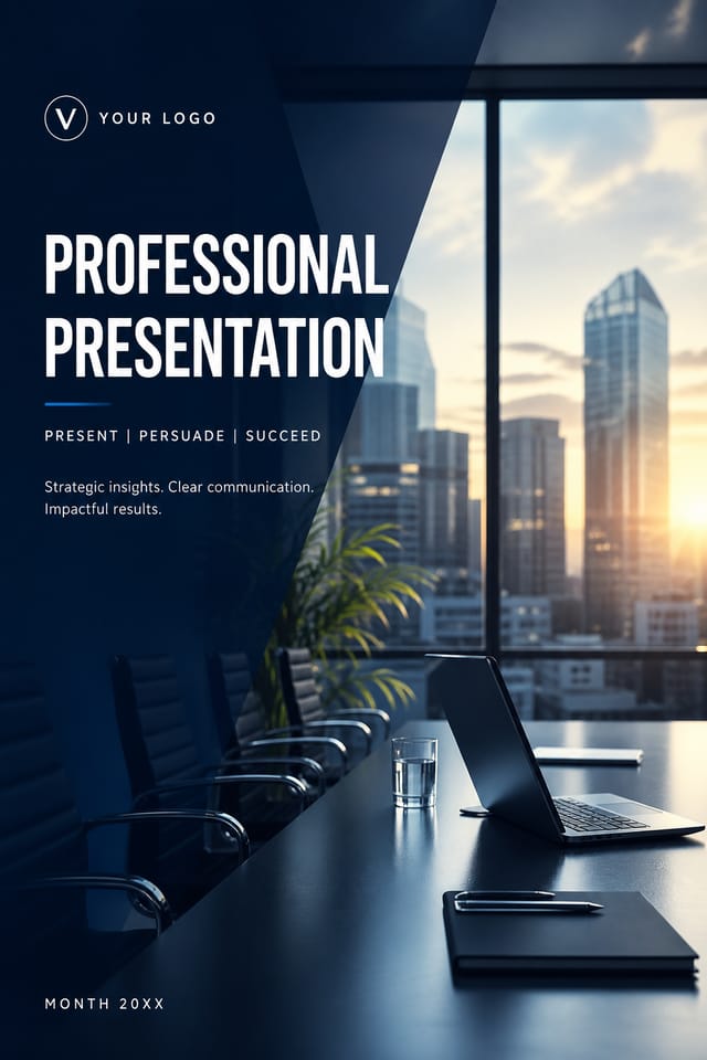 Professional Presentation — photo-realistic style presentation cover slide, featuring corporate gradient, clean grid layout, professional palette