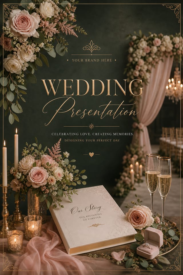 Wedding Presentation — elegant style presentation cover slide, featuring romantic floral arrangements, soft pastels (blush, ivory, sage), elegant calligraphy
