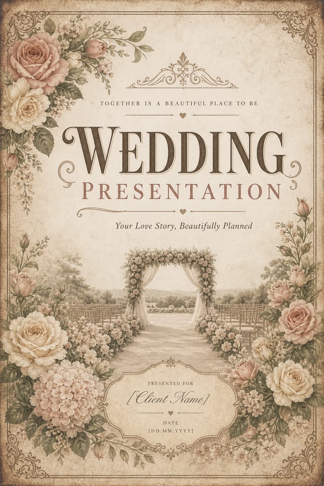 Wedding Presentation — vintage style presentation cover slide, featuring romantic floral arrangements, soft pastels (blush, ivory, sage), elegant calligraphy