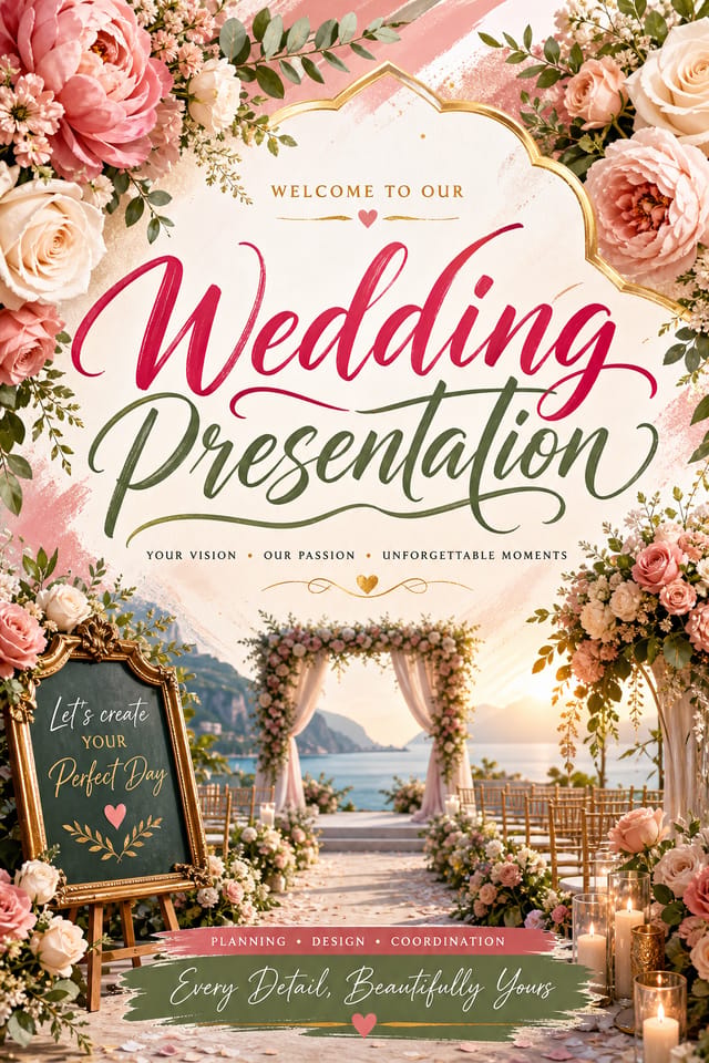 Wedding Presentation — vibrant style presentation cover slide, featuring romantic floral arrangements, soft pastels (blush, ivory, sage), elegant calligraphy