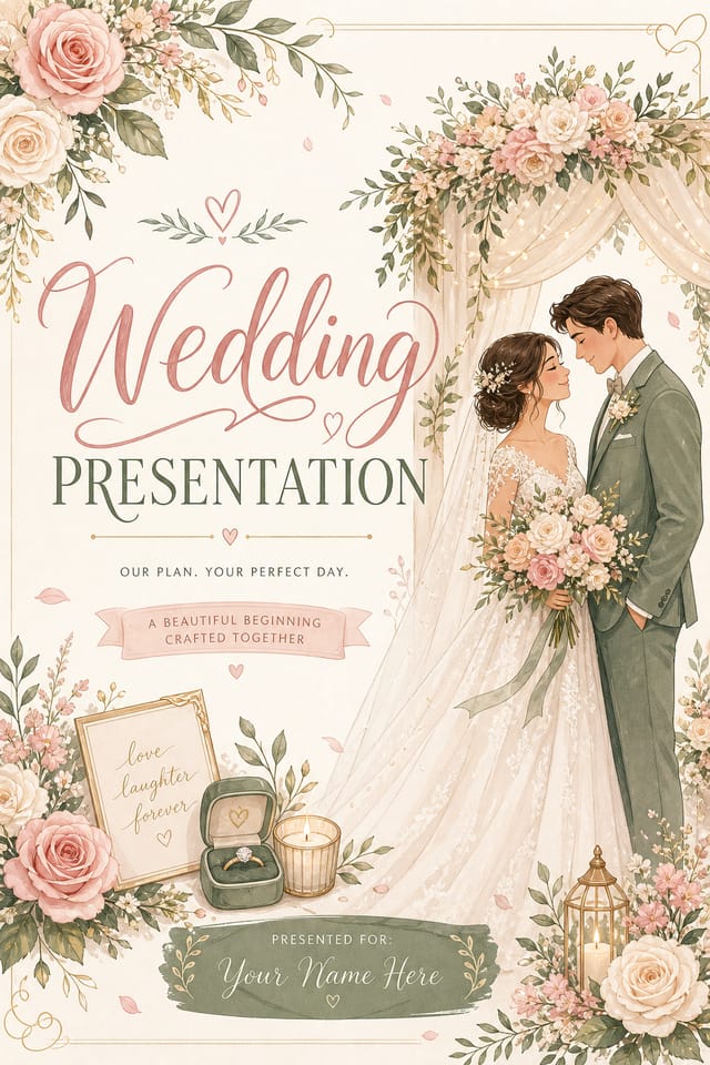 Wedding Presentation — illustration style presentation cover slide, featuring romantic floral arrangements, soft pastels (blush, ivory, sage), elegant calligraphy