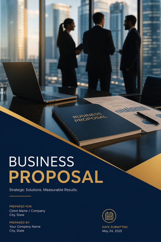 Business Proposal — photo-realistic style proposal document cover, featuring professional office imagery, suit silhouettes, navy and gold palette