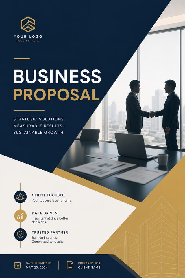 Business Proposal — modern style proposal document cover, featuring professional office imagery, suit silhouettes, navy and gold palette