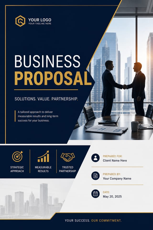 Business Proposal — corporate style proposal document cover, featuring professional office imagery, suit silhouettes, navy and gold palette