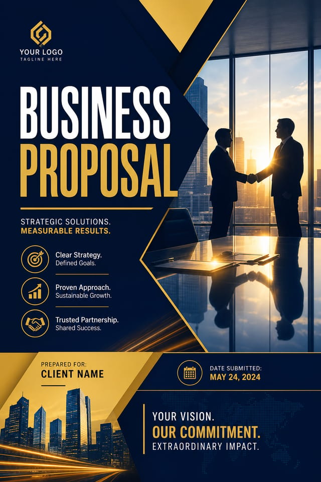 Business Proposal — vibrant style proposal document cover, featuring professional office imagery, suit silhouettes, navy and gold palette