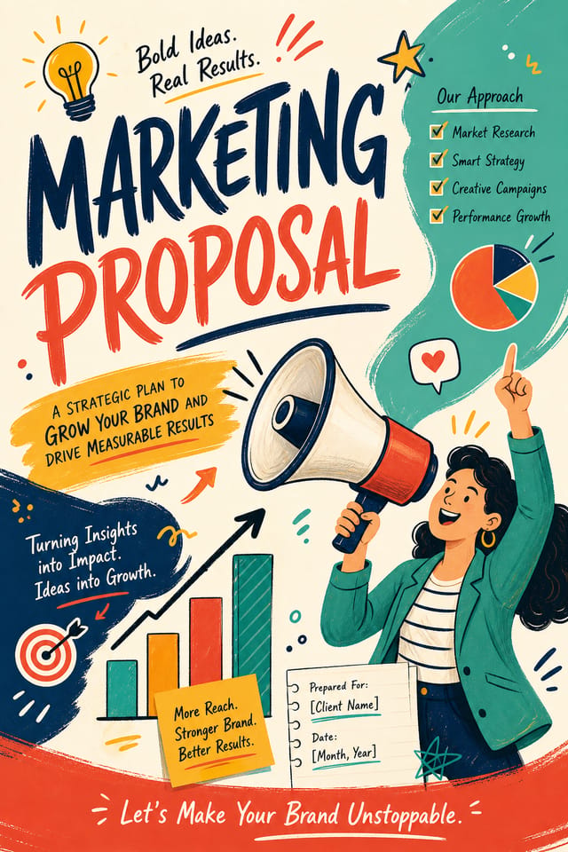 Marketing Proposal — illustration style proposal document cover, featuring megaphone, growth charts, dynamic typography, vibrant palette