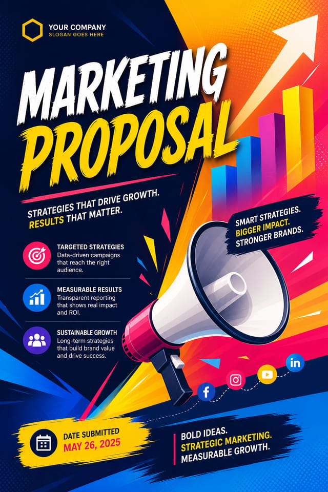Marketing Proposal — vibrant style proposal document cover, featuring megaphone, growth charts, dynamic typography, vibrant palette
