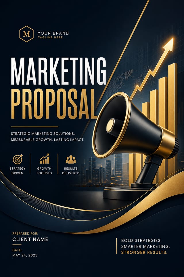 Marketing Proposal — elegant style proposal document cover, featuring megaphone, growth charts, dynamic typography, vibrant palette