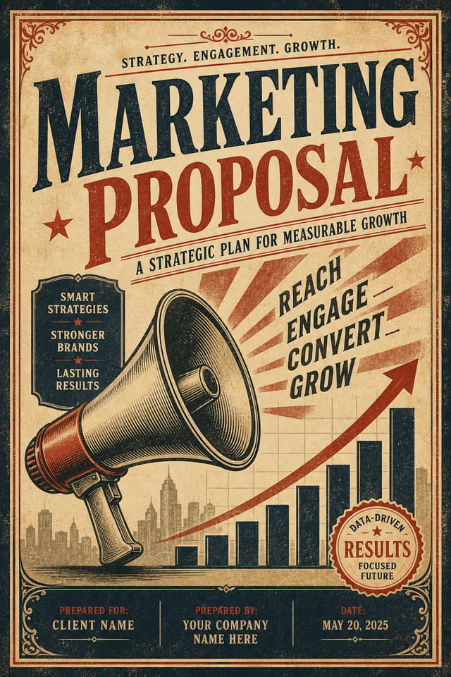 Marketing Proposal — vintage style proposal document cover, featuring megaphone, growth charts, dynamic typography, vibrant palette