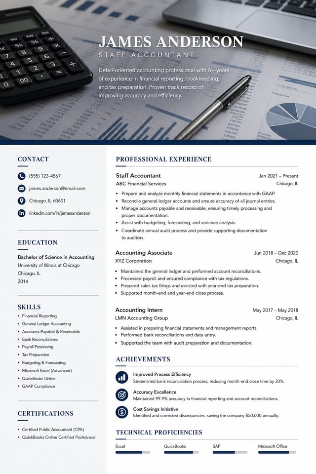 Accounting Resume — photo-realistic style resume layout