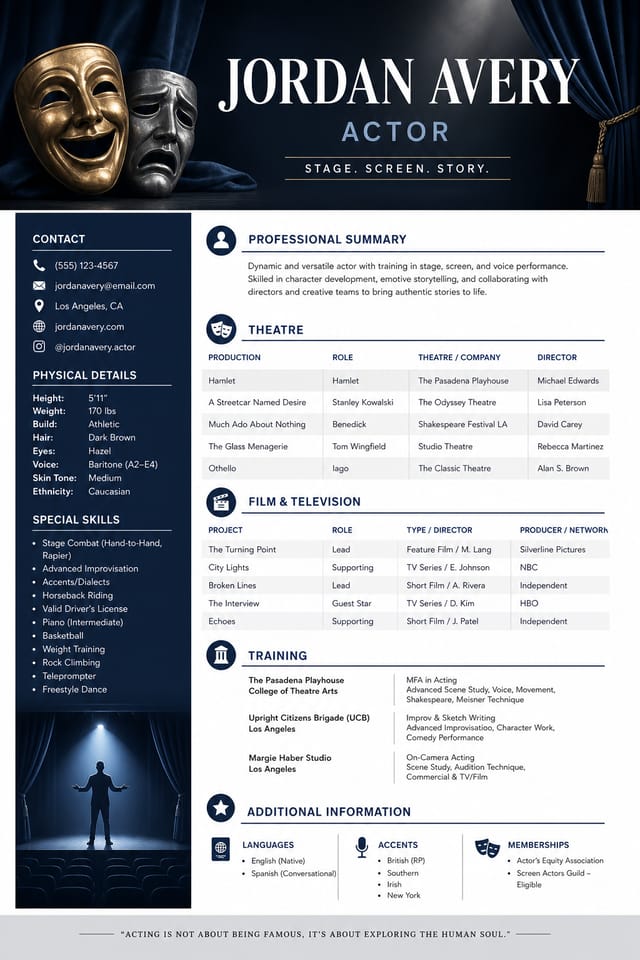 Acting Resume — corporate style resume layout, featuring theatrical masks, stage curtains, drama imagery, bold typography