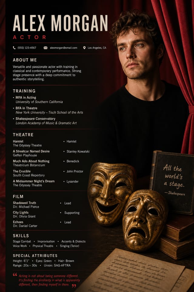 Acting Resume — photo-realistic style resume layout, featuring theatrical masks, stage curtains, drama imagery, bold typography