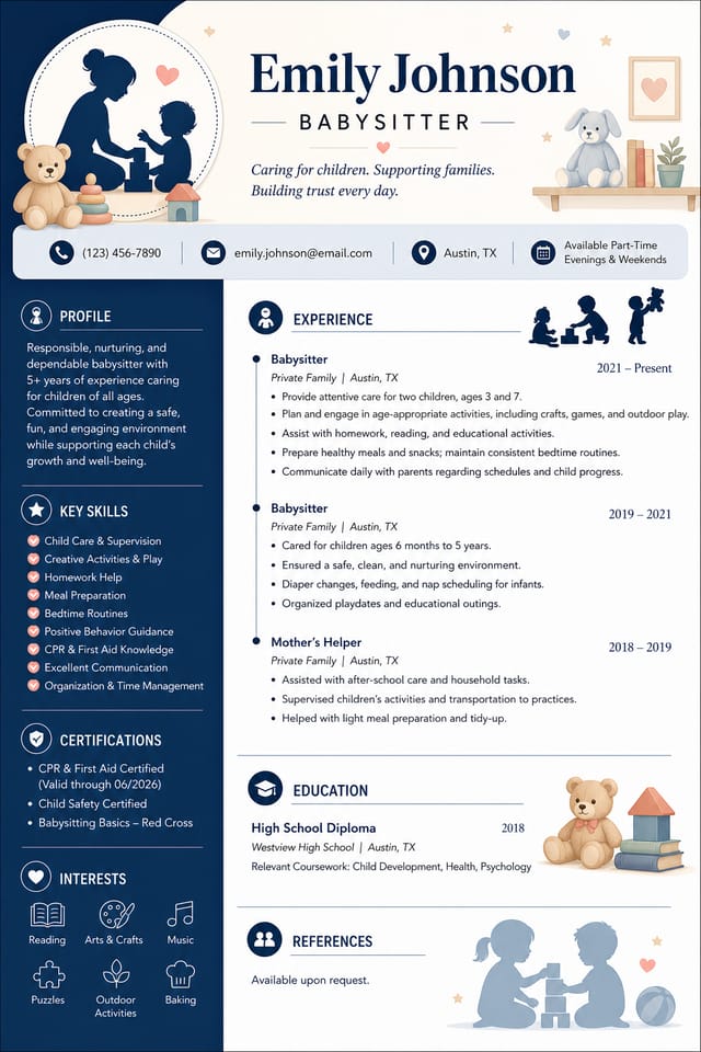 Babysitter Resume — corporate style resume layout, featuring children silhouettes, toys, warm caring palette