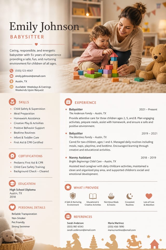 Babysitter Resume — photo-realistic style resume layout, featuring children silhouettes, toys, warm caring palette
