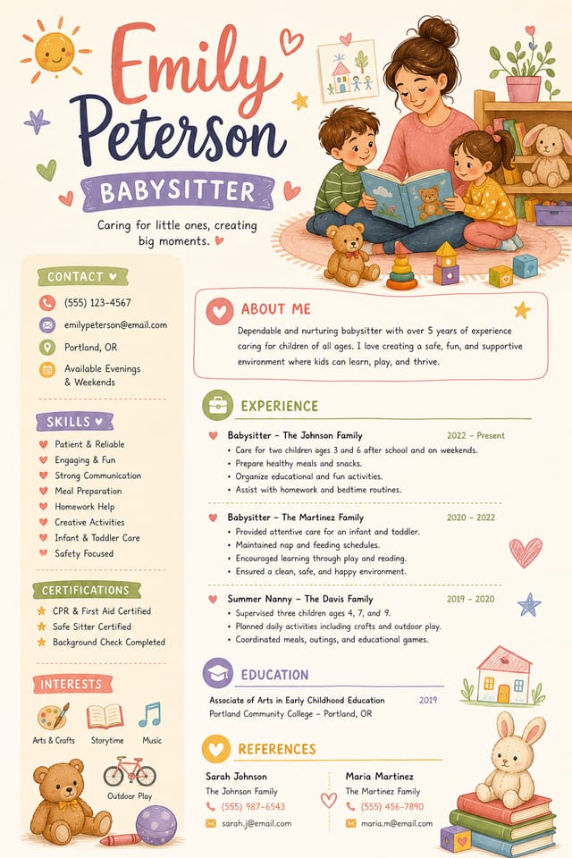 Babysitter Resume — illustration style resume layout, featuring children silhouettes, toys, warm caring palette