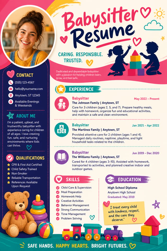 Babysitter Resume — vibrant style resume layout, featuring children silhouettes, toys, warm caring palette