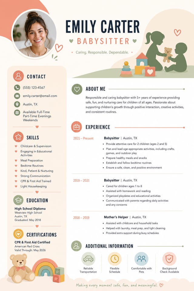 Babysitter Resume — modern style resume layout, featuring children silhouettes, toys, warm caring palette