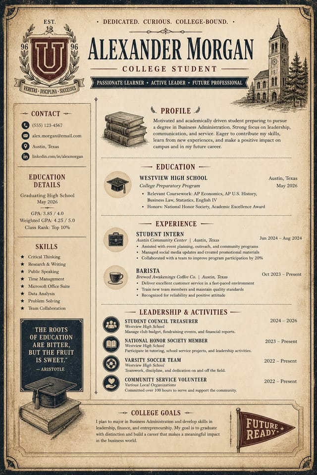 College Resume — vintage style resume layout
