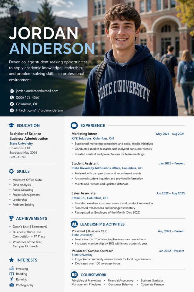 College Resume — photo-realistic style resume layout