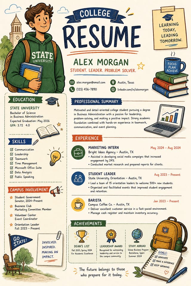 College Resume — illustration style resume layout