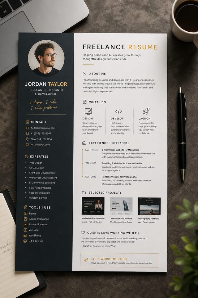 Freelance Resume — photo-realistic style resume layout