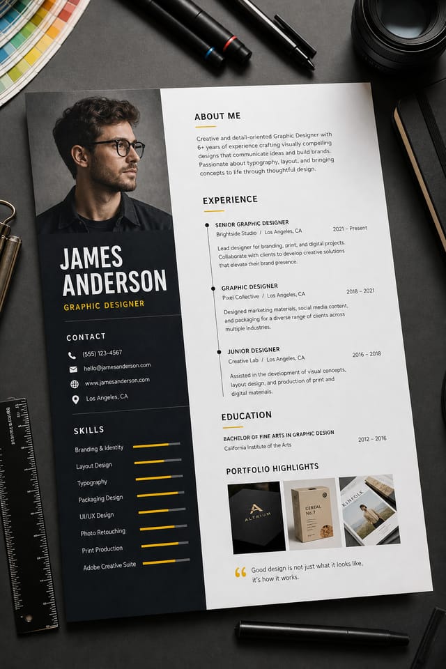 Graphic Design Resume — photo-realistic style resume layout
