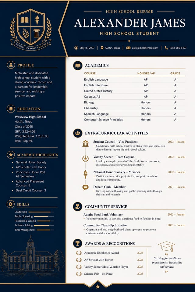 High School Resume — elegant style resume layout