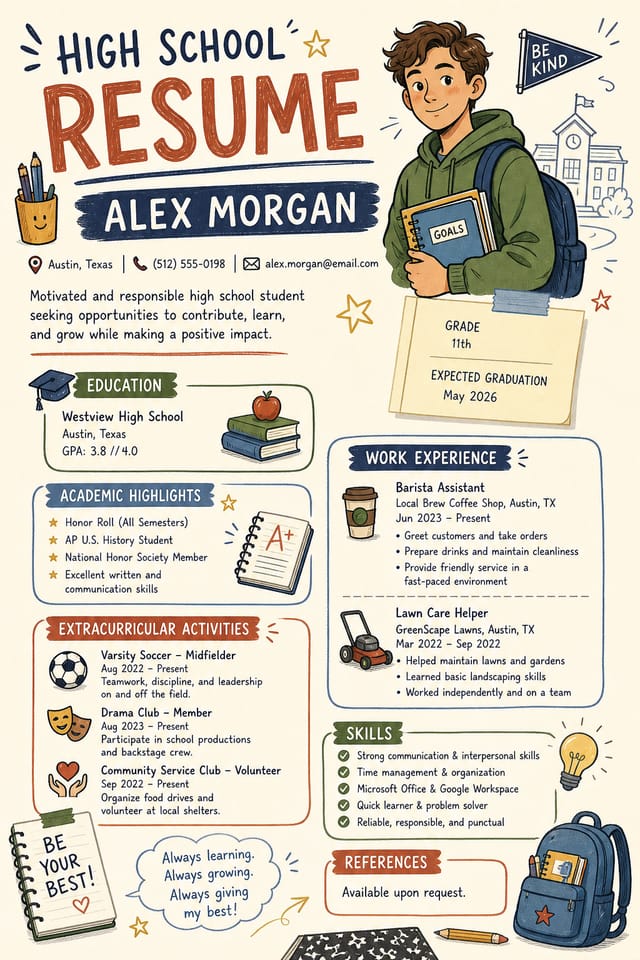 High School Resume — illustration style resume layout