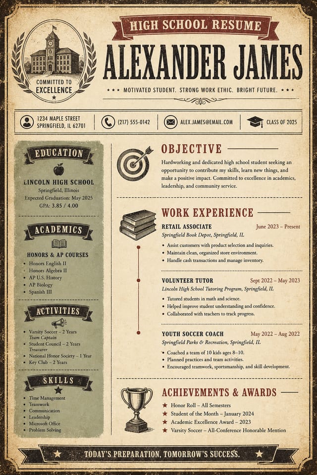 High School Resume — vintage style resume layout