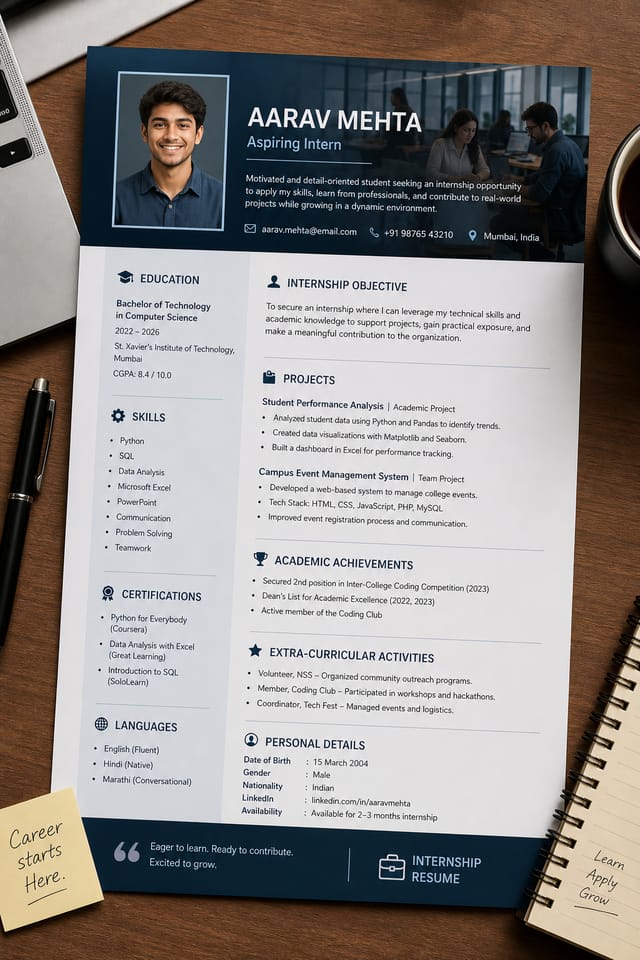 Internship Resume — photo-realistic style resume layout