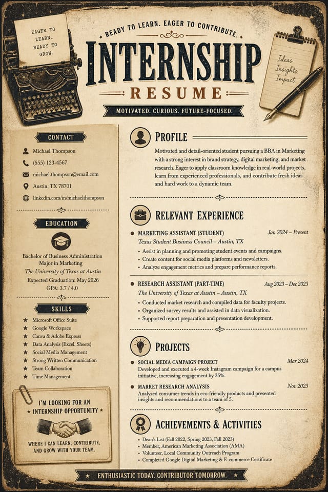 Internship Resume — vintage style resume layout