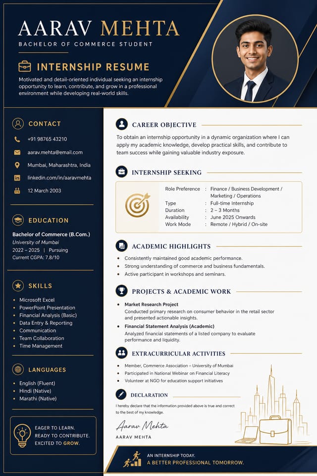Internship Resume — elegant style resume layout