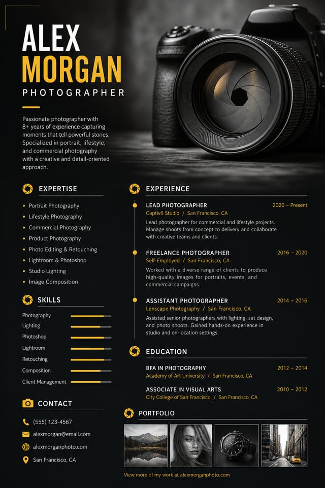 Photography Resume — photo-realistic style resume layout, featuring camera, aperture iris, shutter, monochrome with one accent color