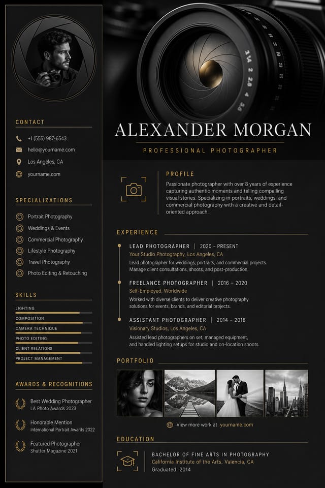 Photography Resume — elegant style resume layout, featuring camera, aperture iris, shutter, monochrome with one accent color