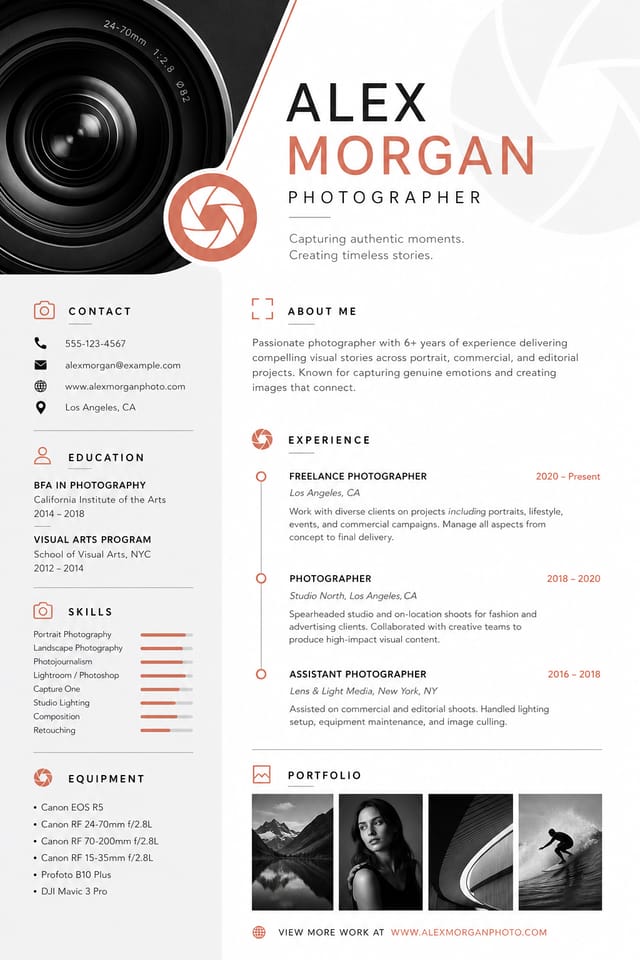 Photography Resume — modern style resume layout, featuring camera, aperture iris, shutter, monochrome with one accent color