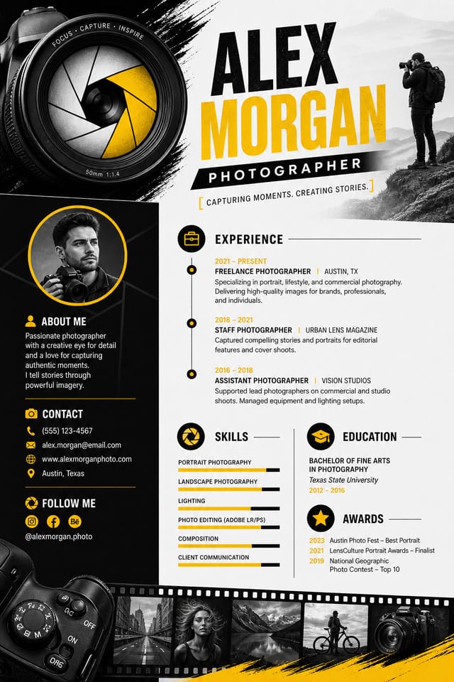 Photography Resume — vibrant style resume layout, featuring camera, aperture iris, shutter, monochrome with one accent color