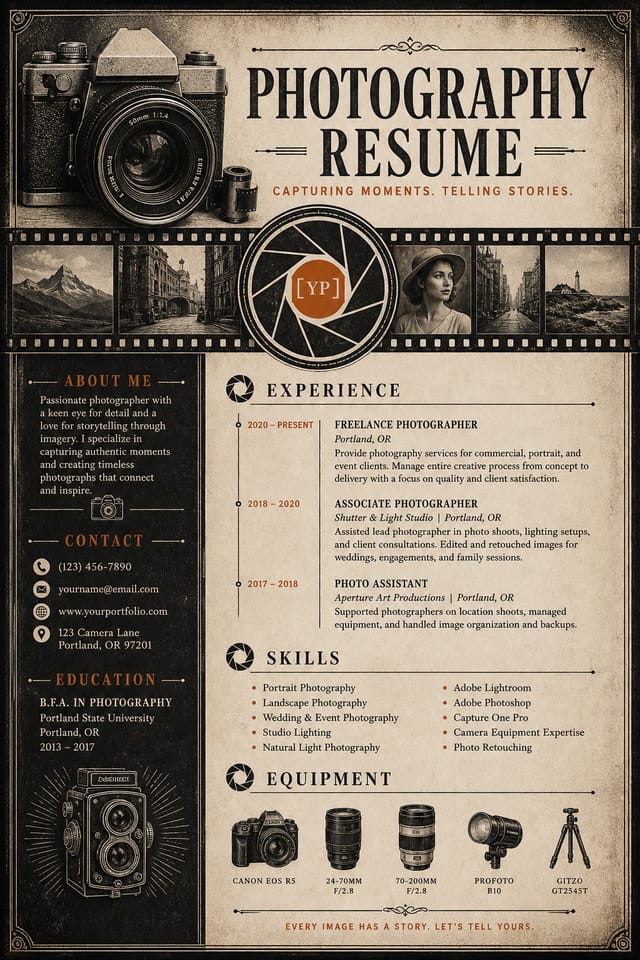 Photography Resume — vintage style resume layout, featuring camera, aperture iris, shutter, monochrome with one accent color