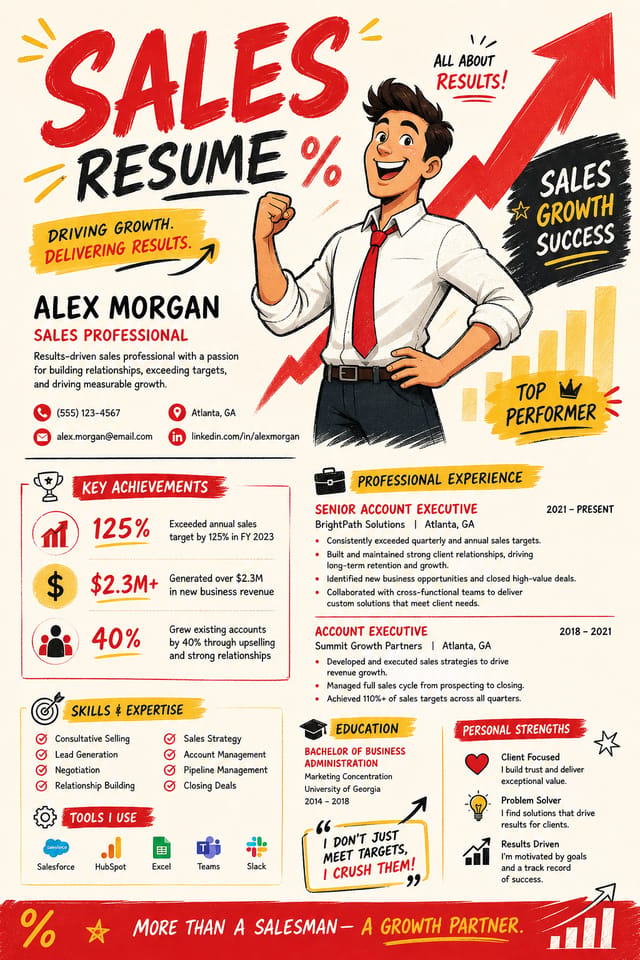 Sales Resume — illustration style resume layout, featuring growth arrows, percentage symbols, bold sale typography, red/yellow accents