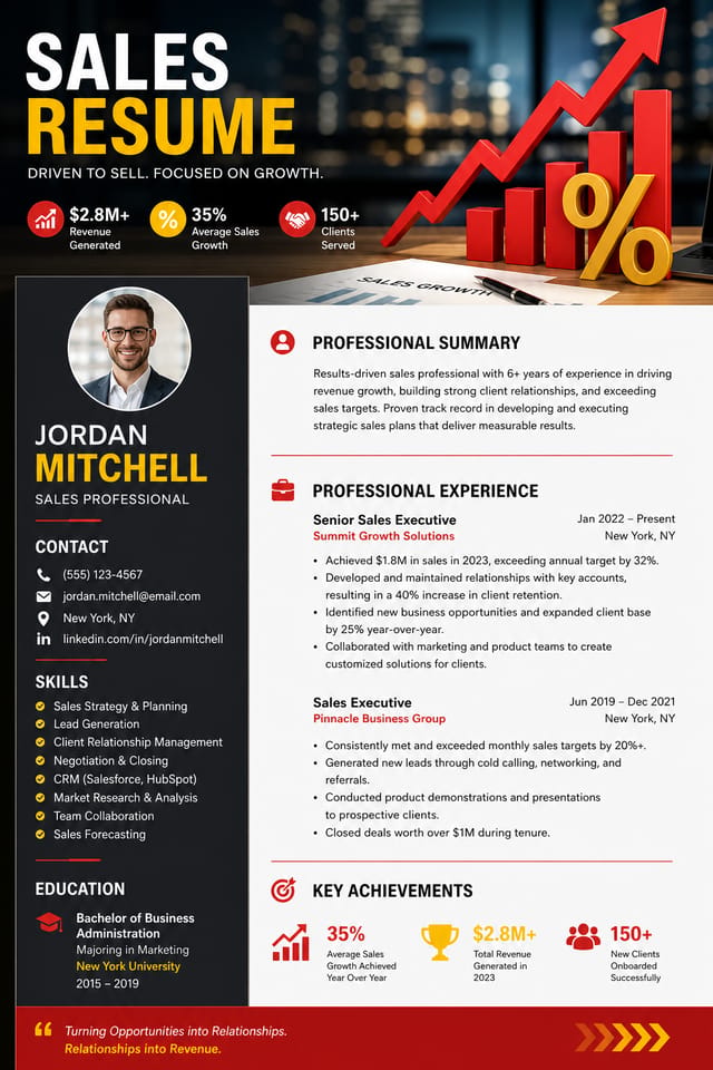 Sales Resume — photo-realistic style resume layout, featuring growth arrows, percentage symbols, bold sale typography, red/yellow accents