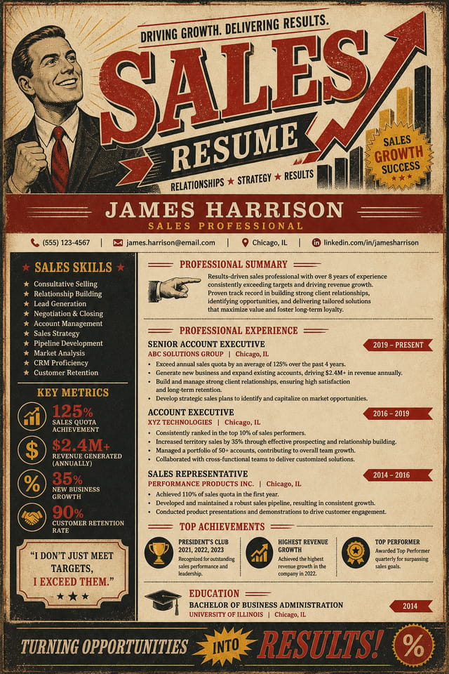 Sales Resume — vintage style resume layout, featuring growth arrows, percentage symbols, bold sale typography, red/yellow accents