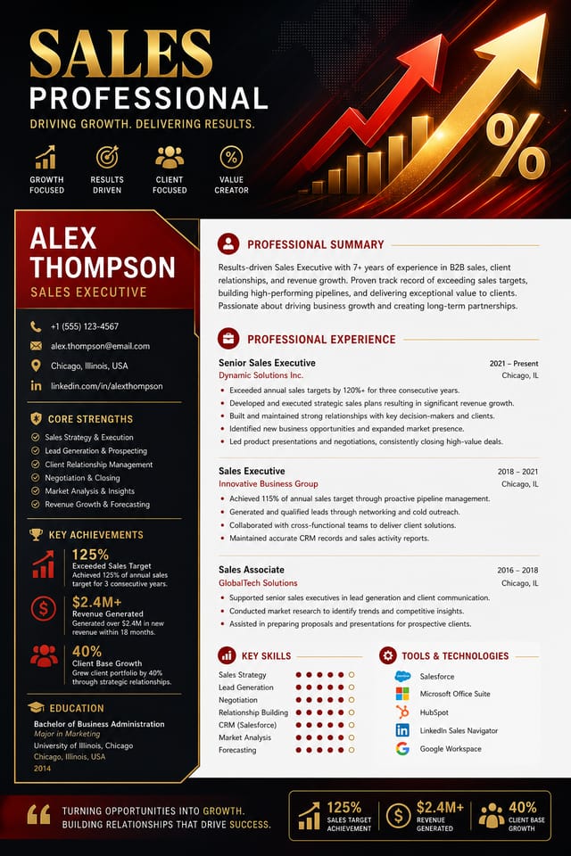 Sales Resume — elegant style resume layout, featuring growth arrows, percentage symbols, bold sale typography, red/yellow accents
