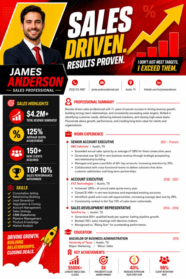 Sales Resume — vibrant style resume layout, featuring growth arrows, percentage symbols, bold sale typography, red/yellow accents