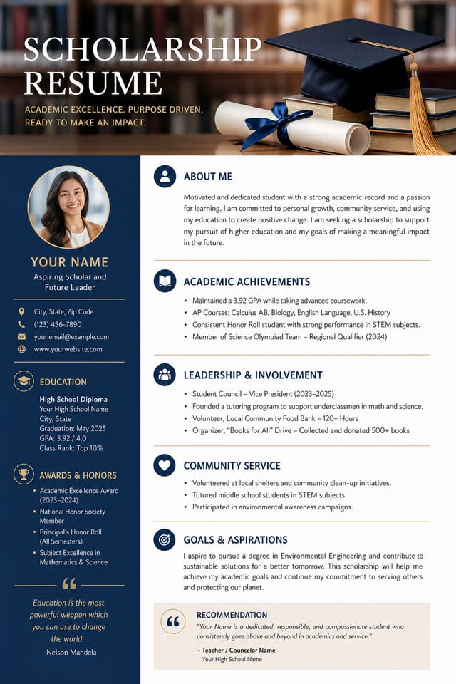 Scholarship Resume — photo-realistic style resume layout