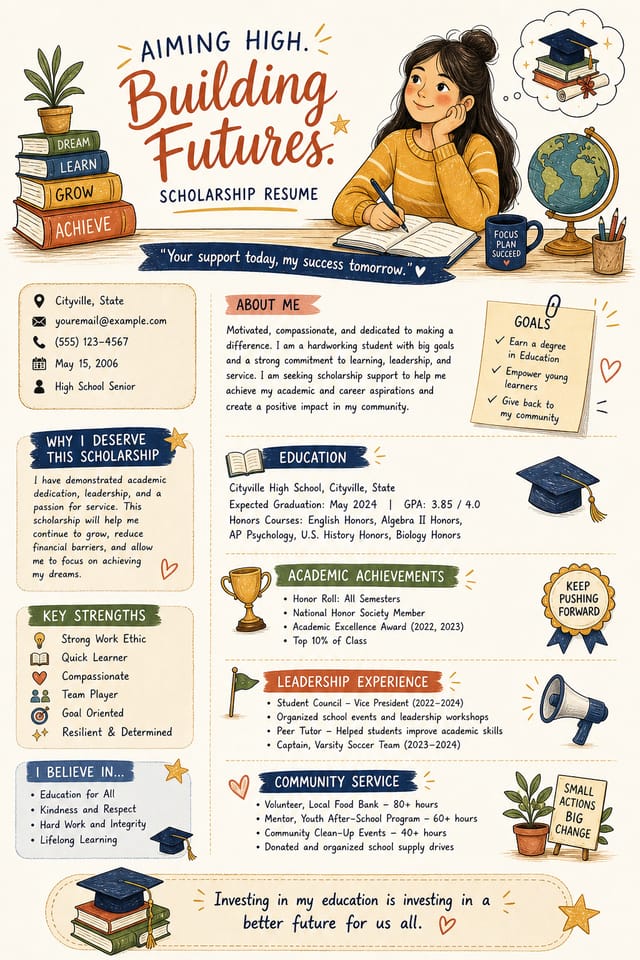 Scholarship Resume — illustration style resume layout