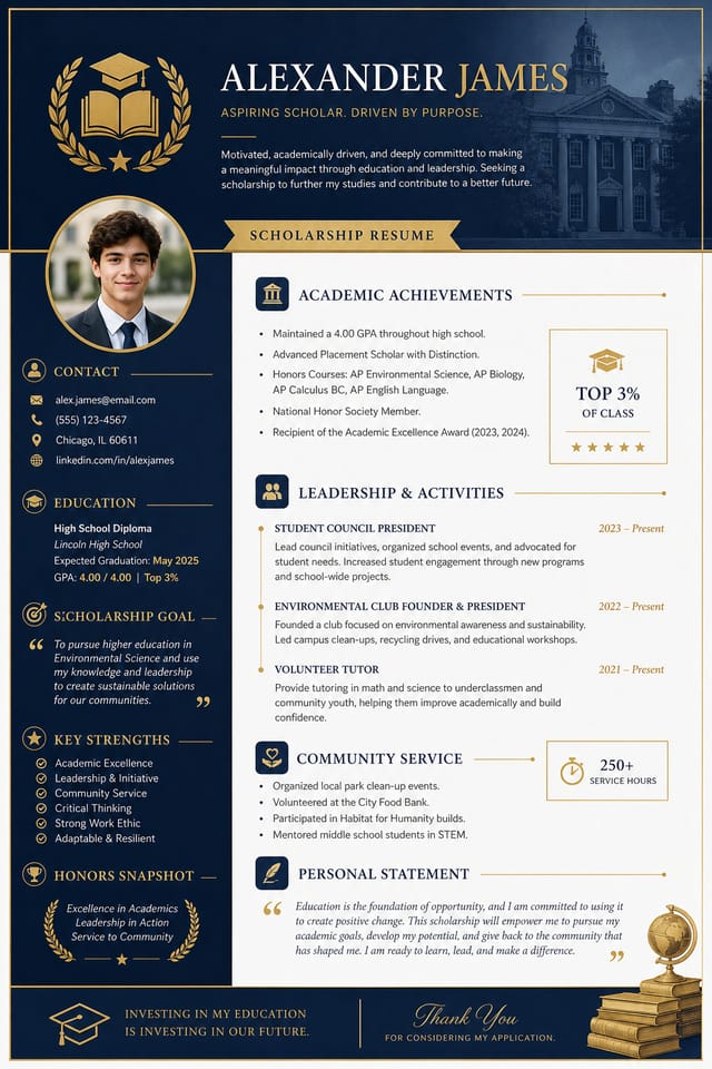 Scholarship Resume — elegant style resume layout